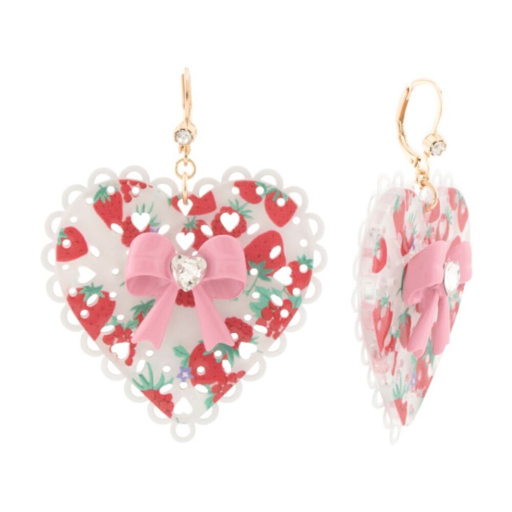 NWT BETSEY JOHNSON Valentine's Baby Cakes Lucite Strawberry Heart & Bow Earrings